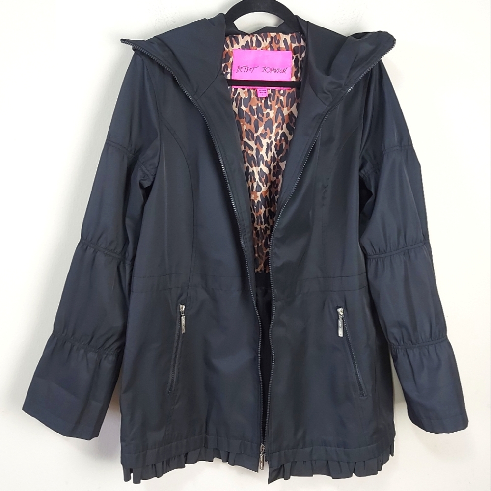 Betsey Johnson Women Hooded Jacket Large Black Zip Up Lined Ruffle Hem Mock Neck - Picture 3 of 16